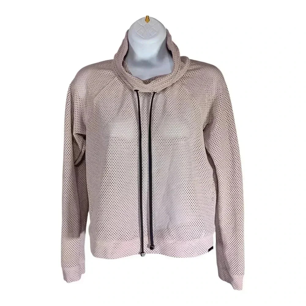 Koral Cropped Top Long Sleeve Textured Pullover Mock Neck Beige Tan Medium